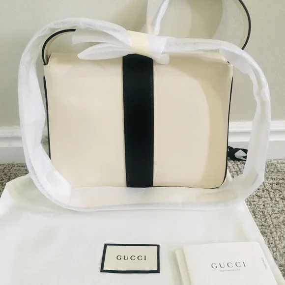 New Authentic Gucci  Leather Shoulder Bag Medium Black White - Picture 10 of 13
